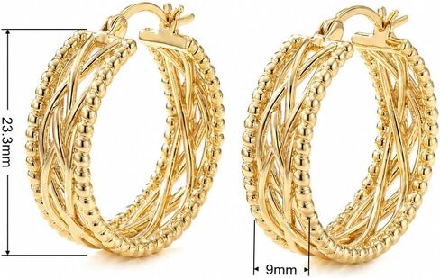 14k Yellow Gold Twisted Braided Hoop Earrings for Women, Textured Beaded Huggie Earrings, Hypoallergenic Minimalist Statement Jewelry 23.3mm*9mm in Saudi Arabia