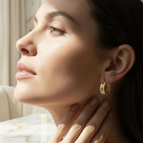 14k Yellow Gold Twisted Braided Hoop Earrings for Women, Textured Beaded Huggie Earrings, Hypoallergenic Minimalist Statement Jewelry 23.3mm*9mm in Saudi Arabia