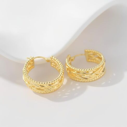 14k Yellow Gold Twisted Braided Hoop Earrings for Women, Textured Beaded Huggie Earrings, Hypoallergenic Minimalist Statement Jewelry 23.3mm*9mm in Saudi Arabia
