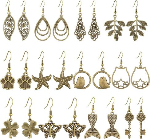 Boho 12 Pairs Vintage Silver /Bronze Dangle Earrings Set for Women Trendy, Animal/Plant Drop Cute Retro earings with Cactus Starfish Mermaid Cat Owl Butterfly Leaf Clover Paw Bird Designs, Fashion Jewelry Birthday Gift. in Saudi Arabia