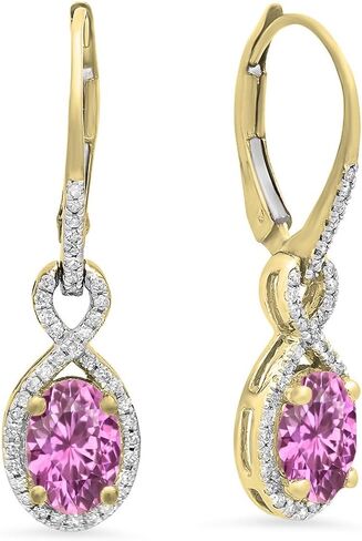 Dazzlingrock Collection 7X5mm Each Oval Lab Created Gemstone & Round Natural Diamond Dangling Drop Earrings, 14K Yellow Real Solid Gold in Kuwait