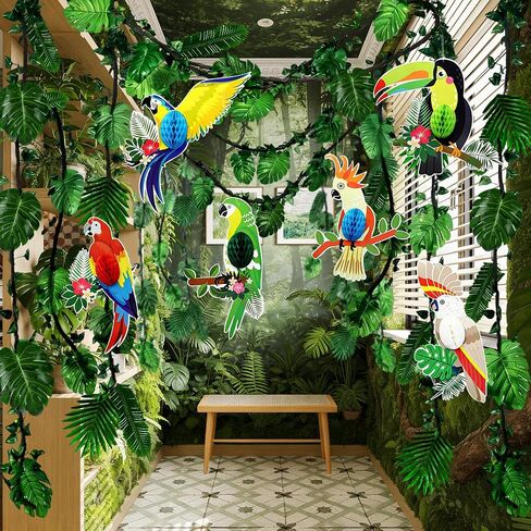 110Pcs Safari Jungle Theme Party Decorations Include 100Pcs Tropical Rainforest Leaves 20Ft Artificial Rattan Greenery Birds Honeycomb Cutouts for Indoor Outdoor Forest Garden Party in Saudi Arabia