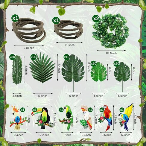 110Pcs Safari Jungle Theme Party Decorations Include 100Pcs Tropical Rainforest Leaves 20Ft Artificial Rattan Greenery Birds Honeycomb Cutouts for Indoor Outdoor Forest Garden Party in Saudi Arabia