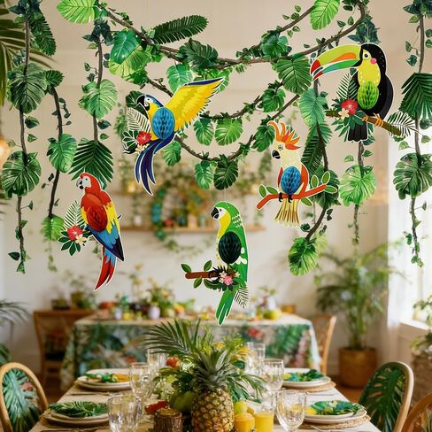 110Pcs Safari Jungle Theme Party Decorations Include 100Pcs Tropical Rainforest Leaves 20Ft Artificial Rattan Greenery Birds Honeycomb Cutouts for Indoor Outdoor Forest Garden Party in Saudi Arabia