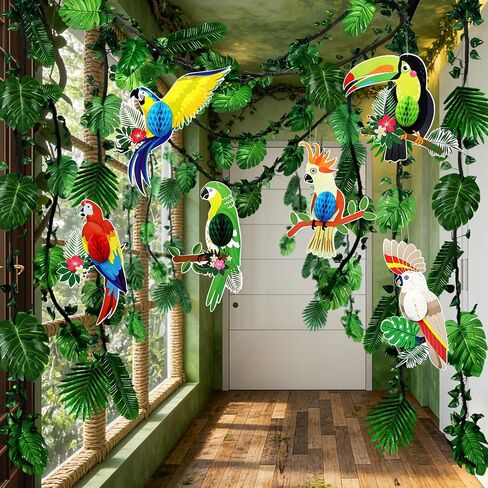 110Pcs Safari Jungle Theme Party Decorations Include 100Pcs Tropical Rainforest Leaves 20Ft Artificial Rattan Greenery Birds Honeycomb Cutouts for Indoor Outdoor Forest Garden Party in Saudi Arabia