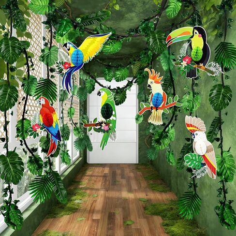 110Pcs Safari Jungle Theme Party Decorations Include 100Pcs Tropical Rainforest Leaves 20Ft Artificial Rattan Greenery Birds Honeycomb Cutouts for Indoor Outdoor Forest Garden Party in Saudi Arabia