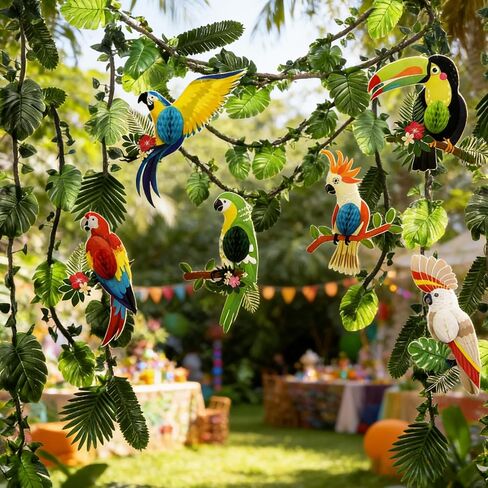 110Pcs Safari Jungle Theme Party Decorations Include 100Pcs Tropical Rainforest Leaves 20Ft Artificial Rattan Greenery Birds Honeycomb Cutouts for Indoor Outdoor Forest Garden Party in Saudi Arabia