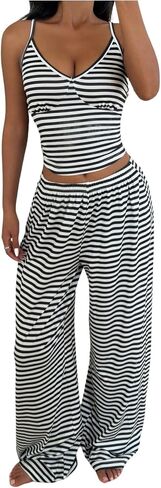OYOANGLE Women's 2 Piece Striped Pajama Set Summer Lounge Sets V Neck Cami Crop Top and Pants Y2K Pjs in Kuwait