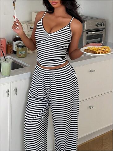OYOANGLE Women's 2 Piece Striped Pajama Set Summer Lounge Sets V Neck Cami Crop Top and Pants Y2K Pjs in Kuwait
