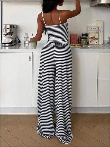 OYOANGLE Women's 2 Piece Striped Pajama Set Summer Lounge Sets V Neck Cami Crop Top and Pants Y2K Pjs in Kuwait