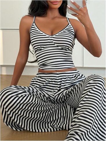 OYOANGLE Women's 2 Piece Striped Pajama Set Summer Lounge Sets V Neck Cami Crop Top and Pants Y2K Pjs in Kuwait