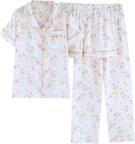 codcm Womens 3 Pieces Cotton Gauze Pajama Sets Short Sleeve Button Down Top with Shorts Long Pants Pj Set in Saudi Arabia