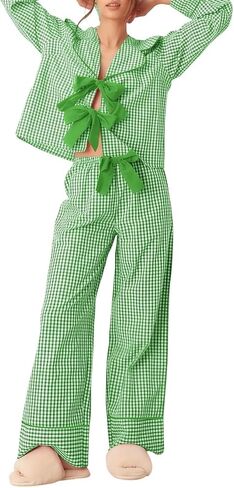 Womens Valentine's Day Gingham Pajamas Set Cute Bow Tie Front 2 Pieces Plaid Sleepwear Pjs Lounge Set in Saudi Arabia