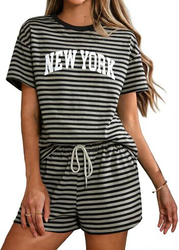 QLIPIN Striped Two Piece Set for Women 2 Piece Lounge Sets Summer Outfits Stripes Shirt and Shorts Set in Saudi Arabia