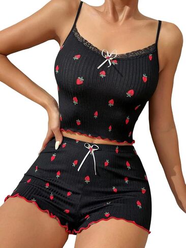 Women's Rib Knit Pajama Sets 2 Piece Cute Shorts Set Lace Neck Nightwear Plus Size Sleepwear Sets in Kuwait