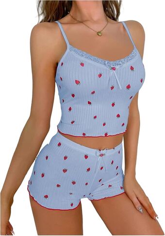 Women's Rib Knit Pajama Sets 2 Piece Cute Shorts Set Lace Neck Nightwear Plus Size Sleepwear Sets in Kuwait