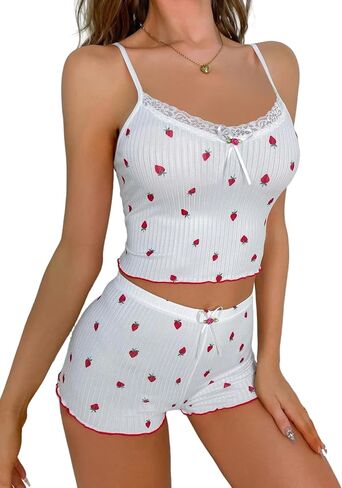 Women's Rib Knit Pajama Sets 2 Piece Cute Shorts Set Lace Neck Nightwear Plus Size Sleepwear Sets in Kuwait