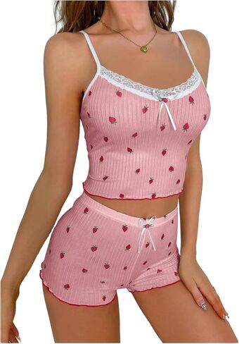Women's Rib Knit Pajama Sets 2 Piece Cute Shorts Set Lace Neck Nightwear Plus Size Sleepwear Sets in Kuwait