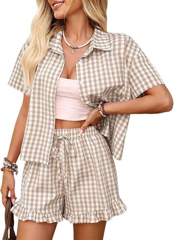 WOWULOVELY Womens Short Sleeve Gingham Pajama Set 2 Piece Button Down Plaid Cotton Shirt and Leg Pants Ruffle Pjs Set in Kuwait