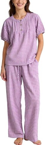 بيجامة Flygo Gingham للنساء من القطن منقوشة وأكمام قصيرة بيبي دول مجموعة لطيفة من قطعتين سراويل هينلي العلوية أطقم صالة in Kuwait