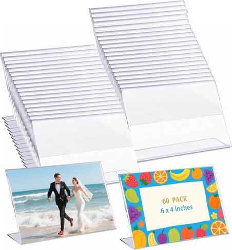 60 Pcs 4x6 Clear Acrylic Picture Frames Bulk – Horizontal L-Shaped Plastic Photo Sign Holders, Slanted Back Display Stand for Tabletop, Desktop, Flyer, Office, Home & Store Use in Saudi Arabia
