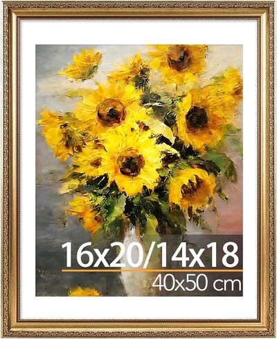 إطار صورة عتيق مقاس 16 × 20 من JCJMY مع حصيرة مقاس 14 × 18 للوحة فنية ماسية مقاس 40 × 50 سم، إطار صورة كلاسيكي أنيق مقاس 16 × 20 مع زجاج شبكي مقاوم للكسر للجدار، ديكور المعرض وهدية، ذهبي، عبوة واحدة in Kuwait