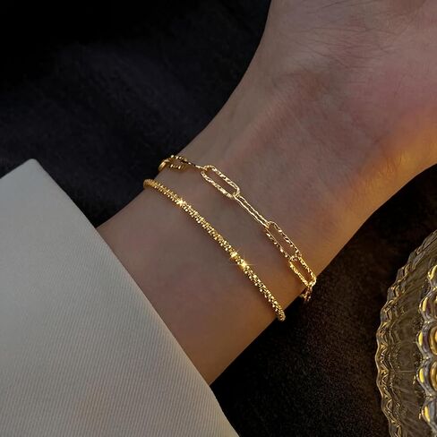 Women's 2PCS 14K Gold Plated 925 Sterling Silver Bracelet Set Paperclip Chain & Sparkle Multi-Layer Design Trendy Stackable Jewelry for Party, Daily Wear & Gifting in Kuwait
