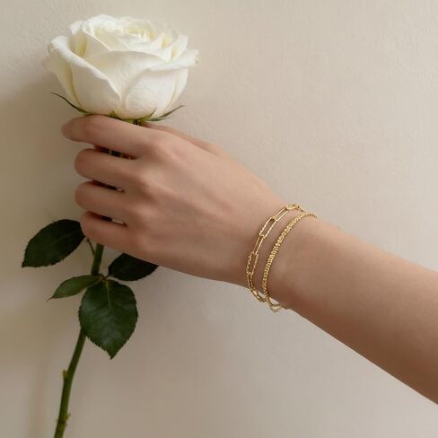 Women's 2PCS 14K Gold Plated 925 Sterling Silver Bracelet Set Paperclip Chain & Sparkle Multi-Layer Design Trendy Stackable Jewelry for Party, Daily Wear & Gifting in Kuwait