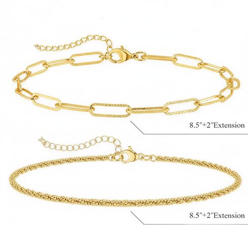 Women's 2PCS 14K Gold Plated 925 Sterling Silver Bracelet Set Paperclip Chain & Sparkle Multi-Layer Design Trendy Stackable Jewelry for Party, Daily Wear & Gifting in Kuwait