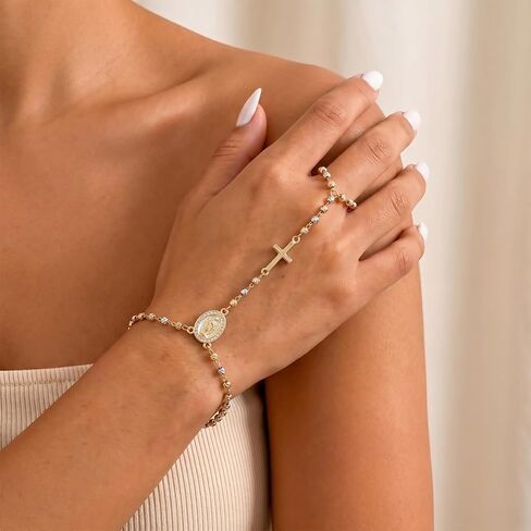 Virgin Mary Rosary Bracelet for Women Hand Chain Bracelet Gold Silver Virgin Mary Cross Ring Bracelets Non Tarnish Dainty Jewelry Trendy Religious Rosary Colorful Beads Hand Bracelets Gift for Women in Saudi Arabia