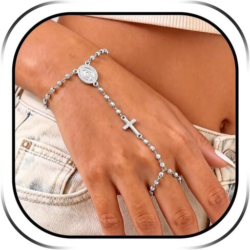 Virgin Mary Rosary Bracelet for Women Hand Chain Bracelet Gold Silver Virgin Mary Cross Ring Bracelets Non Tarnish Dainty Jewelry Trendy Religious Rosary Colorful Beads Hand Bracelets Gift for Women in Saudi Arabia