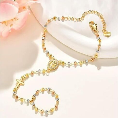 Virgin Mary Rosary Bracelet for Women Hand Chain Bracelet Gold Silver Virgin Mary Cross Ring Bracelets Non Tarnish Dainty Jewelry Trendy Religious Rosary Colorful Beads Hand Bracelets Gift for Women in Saudi Arabia