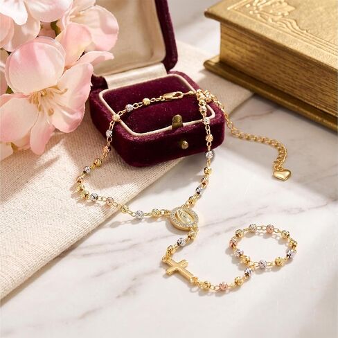 Virgin Mary Rosary Bracelet for Women Hand Chain Bracelet Gold Silver Virgin Mary Cross Ring Bracelets Non Tarnish Dainty Jewelry Trendy Religious Rosary Colorful Beads Hand Bracelets Gift for Women in Saudi Arabia