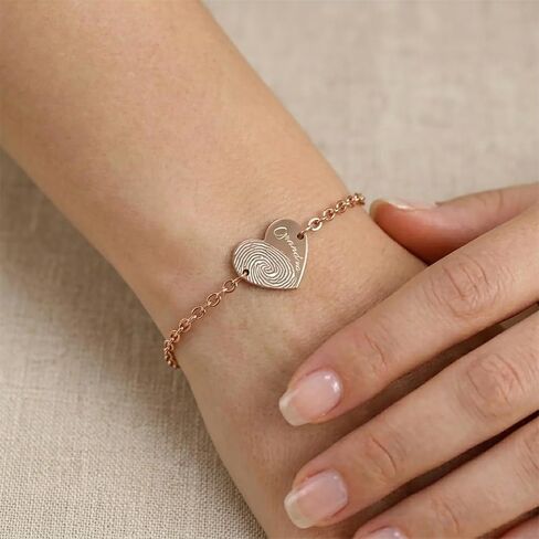 Personalized Engraved Fingerprint Heart Bracelet Stainless Steel Linked Chain Jewelry Memorized Gift in Saudi Arabia