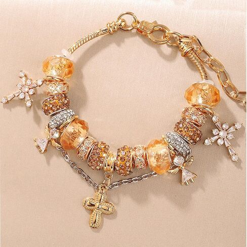 Gold Angel Flower Cross Bracelet, Casual Bead Bracelet Jewelry For Beach Vacation Birthday Gift, Small Grand Slam Style, Unique Charm in Saudi Arabia