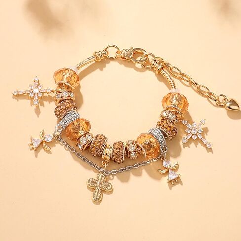 Gold Angel Flower Cross Bracelet, Casual Bead Bracelet Jewelry For Beach Vacation Birthday Gift, Small Grand Slam Style, Unique Charm in Saudi Arabia