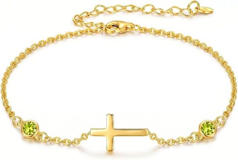 14K Gold Cross Birthstone Bracelets for Women, Faith Cross Birthstone Link Bracelets for Women, 14K Gold Plated Religious Jewelry Birthday Gifts for Wife Girlfriend Mom, 7+2 Inch in Saudi Arabia