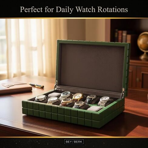 Bey-Berk Bogota Cube Watch Case (Green), Holds 10 Large Watches, Square Storage Box with Soft Lining and Magnetic Closure in Saudi Arabia