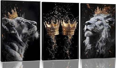 3 Pieces Lion Canvas Wall Art Golden crown with lion Poster print Modern Motivational Black And White Lion Pictures Wall Decor for Living room Office Decoration Unframed in Saudi Arabia
