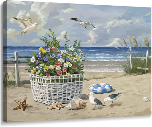 ARTZON Beach Wall Art Decor – Coastal Blue Ocean Seascape Canvas Print, Birds Seagulls Tropical Flowers Modern Landscape Picture for Bathroom or Bedroom Relaxing Summer Sea Scene Artwork 16x12 inch in Saudi Arabia