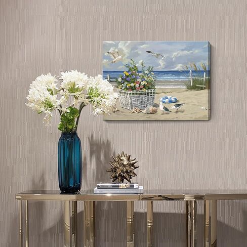 ARTZON Beach Wall Art Decor – Coastal Blue Ocean Seascape Canvas Print, Birds Seagulls Tropical Flowers Modern Landscape Picture for Bathroom or Bedroom Relaxing Summer Sea Scene Artwork 16x12 inch in Saudi Arabia