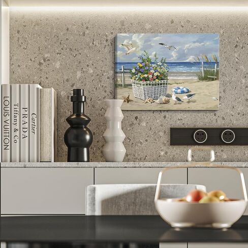 ARTZON Beach Wall Art Decor – Coastal Blue Ocean Seascape Canvas Print, Birds Seagulls Tropical Flowers Modern Landscape Picture for Bathroom or Bedroom Relaxing Summer Sea Scene Artwork 16x12 inch in Saudi Arabia