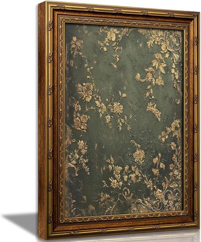 Vexlynora Vintage Gold Framed Dark Green Floral Wall Art - Ornate Gold Flower Canvas luxurious Textured Cottagecore Flower Picture Wall Decor for Living Room Bedroom Farmhouse Home 9X11in in Kuwait
