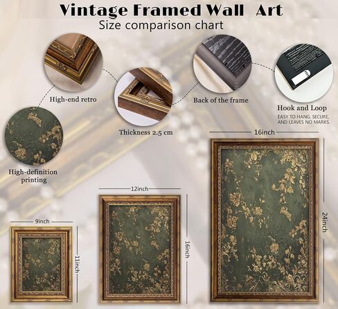 Vexlynora Vintage Gold Framed Dark Green Floral Wall Art - Ornate Gold Flower Canvas luxurious Textured Cottagecore Flower Picture Wall Decor for Living Room Bedroom Farmhouse Home 9X11in in Kuwait