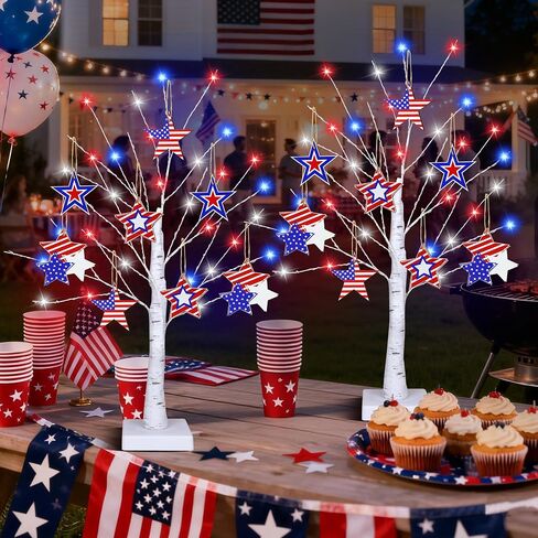 4th of July Decorations, 2 Pack 24 Inch Fourth of July Decorations Patriotic Tree with 8 Wooden Ornaments, USB/Battery Operated Red White Blue Lights Independence Day July 4th Decorations for Home in Saudi Arabia