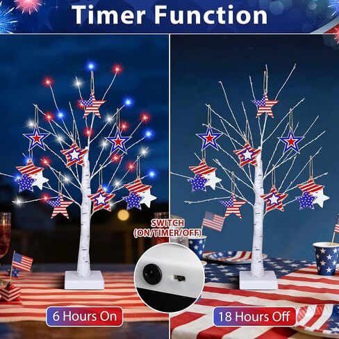 4th of July Decorations, 2 Pack 24 Inch Fourth of July Decorations Patriotic Tree with 8 Wooden Ornaments, USB/Battery Operated Red White Blue Lights Independence Day July 4th Decorations for Home in Saudi Arabia