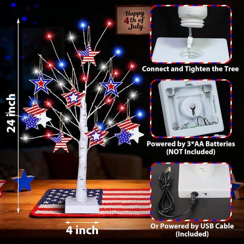 4th of July Decorations, 2 Pack 24 Inch Fourth of July Decorations Patriotic Tree with 8 Wooden Ornaments, USB/Battery Operated Red White Blue Lights Independence Day July 4th Decorations for Home in Saudi Arabia