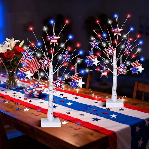 4th of July Decorations, 2 Pack 24 Inch Fourth of July Decorations Patriotic Tree with 8 Wooden Ornaments, USB/Battery Operated Red White Blue Lights Independence Day July 4th Decorations for Home in Saudi Arabia