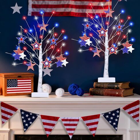 4th of July Decorations, 2 Pack 24 Inch Fourth of July Decorations Patriotic Tree with 8 Wooden Ornaments, USB/Battery Operated Red White Blue Lights Independence Day July 4th Decorations for Home in Saudi Arabia
