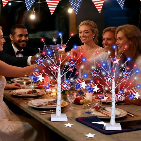 4th of July Decorations, 2 Pack 24 Inch Fourth of July Decorations Patriotic Tree with 8 Wooden Ornaments, USB/Battery Operated Red White Blue Lights Independence Day July 4th Decorations for Home in Saudi Arabia